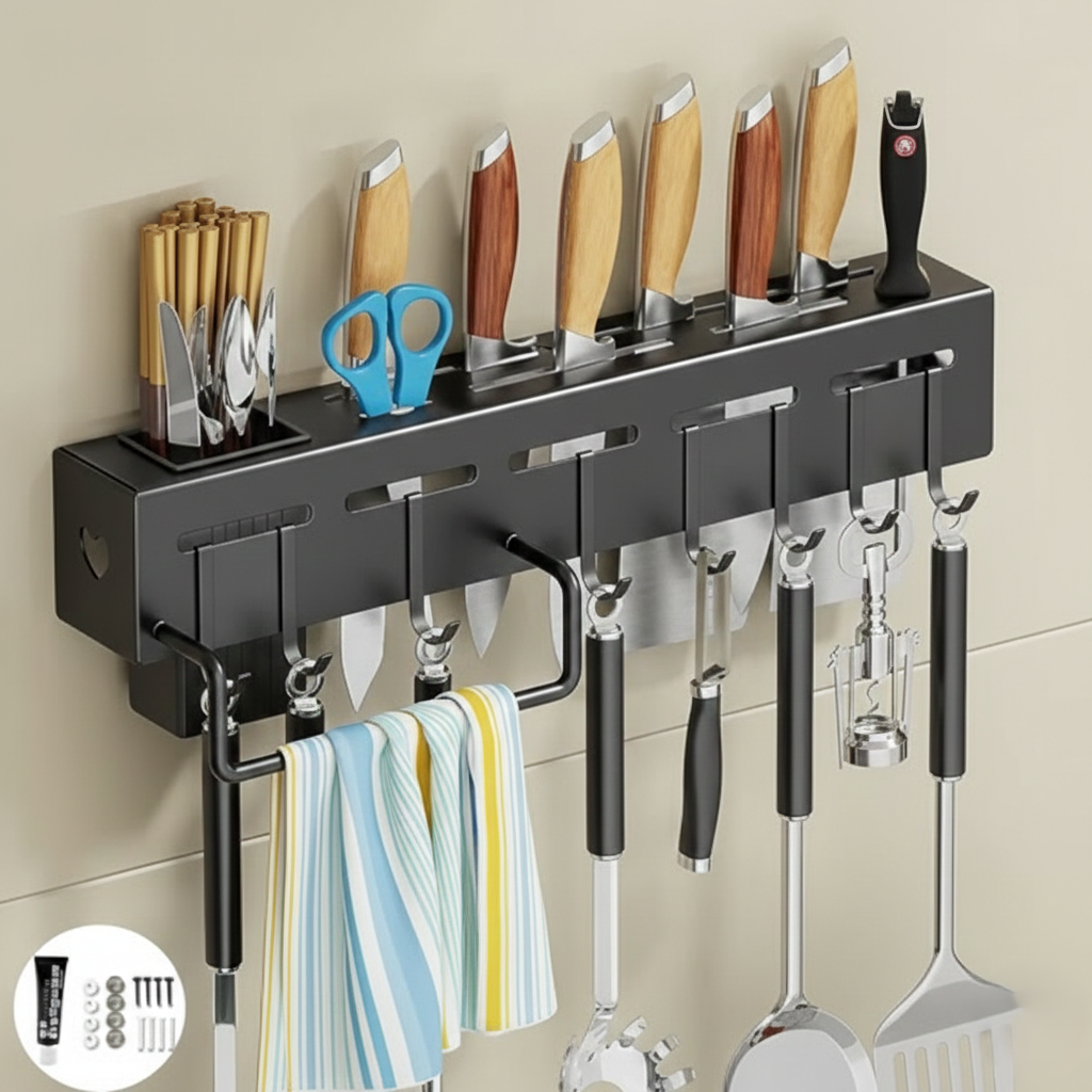 Wall-Mounted Kitchen Knife & Utensil Organizer Rack