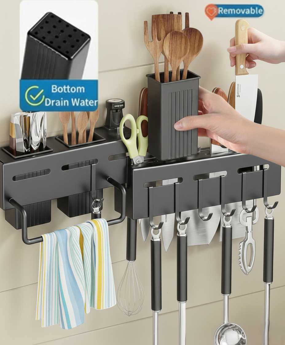 Wall-Mounted Kitchen Knife & Utensil Organizer Rack