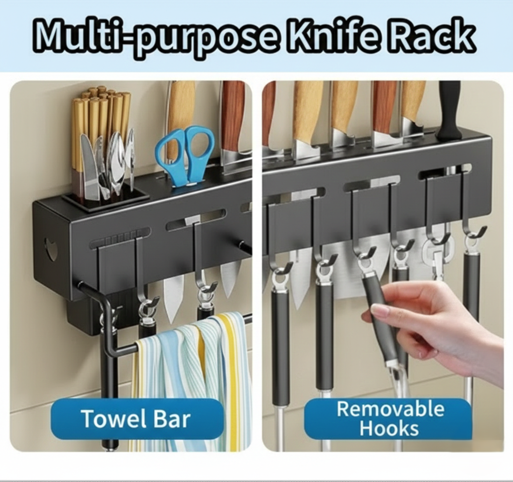 Wall-Mounted Kitchen Knife & Utensil Organizer Rack