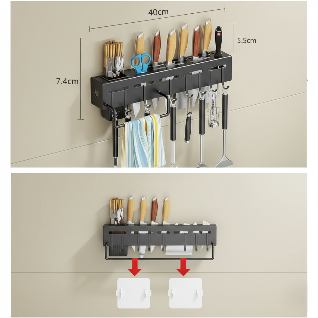 Wall-Mounted Kitchen Knife & Utensil Organizer Rack